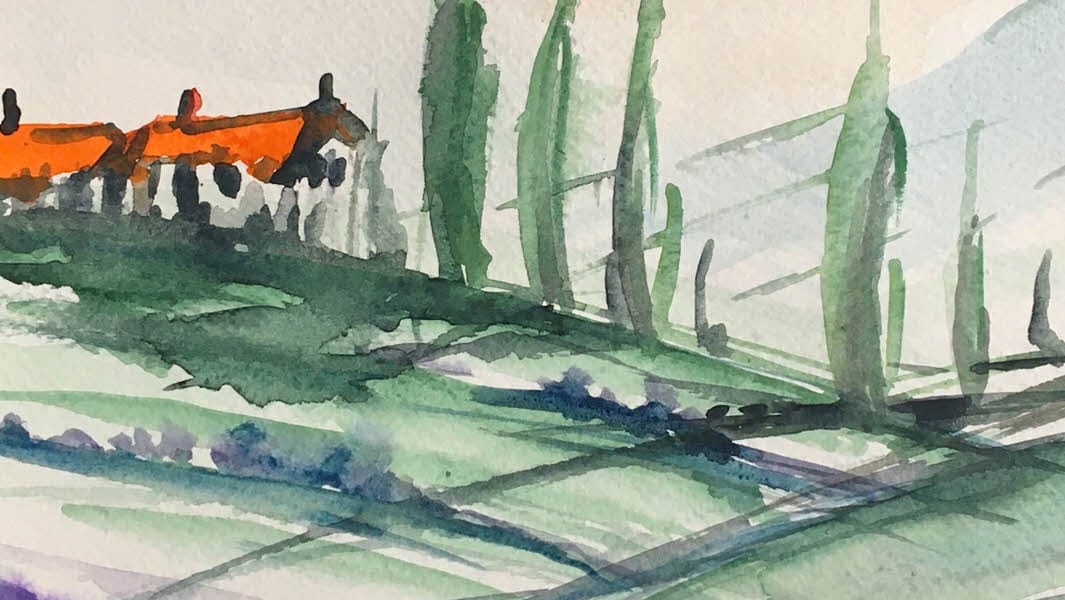 Mark's watercolour created during lesson on how to paint a Tuscan Landscape.