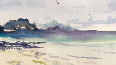Painting a watercolour beach scene & landscape. View from Iona in Scotland.