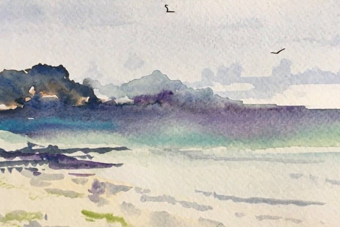 Painting a watercolour beach scene & landscape. View from Iona in Scotland.