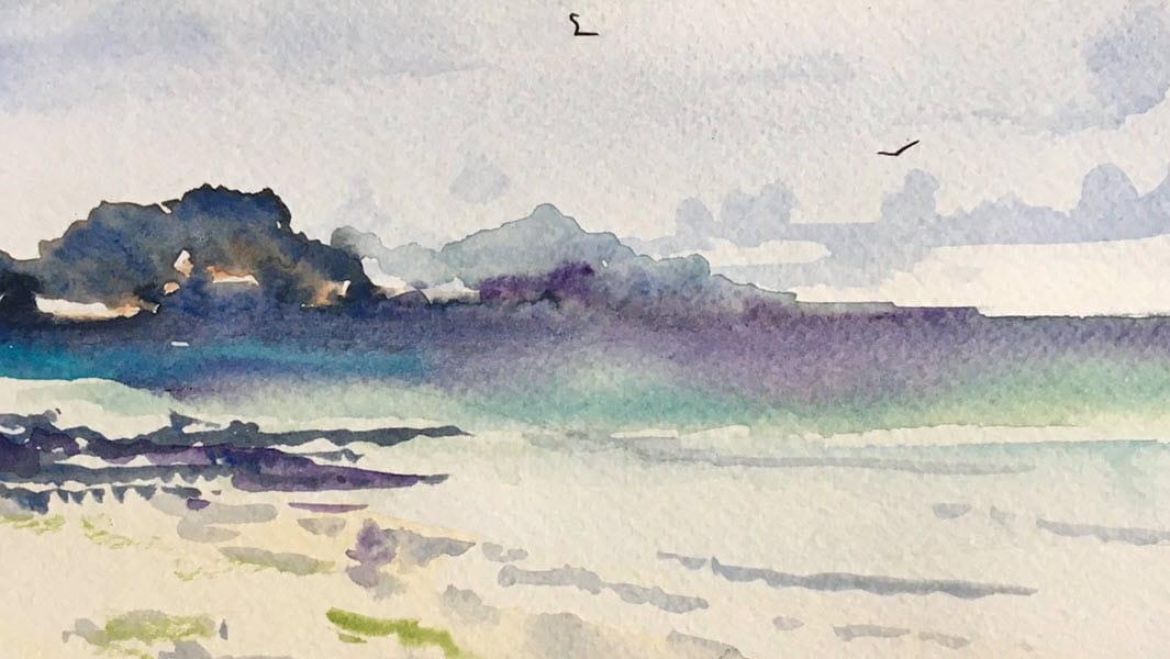 Painting a watercolour beach scene & landscape. View from Iona in Scotland.