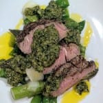 Delicious Rump of Lamb with Spring Veg and Wild Garlic Salsa Verde.