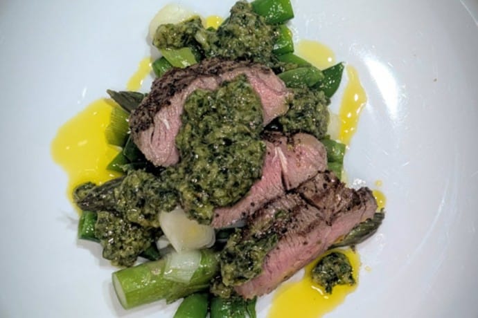 Delicious Rump of Lamb with Spring Veg and Wild Garlic Salsa Verde.