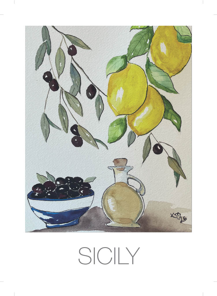 The composition weaves together some of Sicily's most iconic culinary exports. The composition weaves together some of Sicily's most iconic culinary exports.