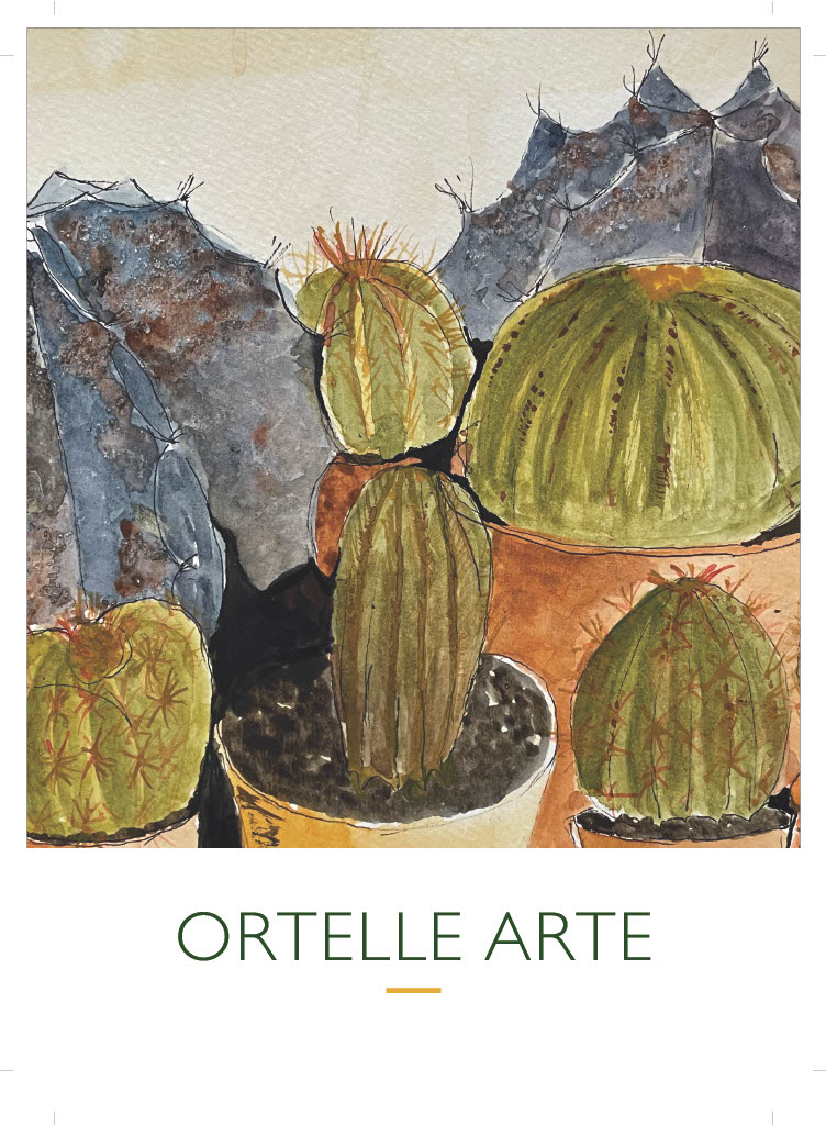 The painting beautifully balances opposing natural and manufactured cacti forms. The painting beautifully balances opposing natural and manufactured cacti forms.
