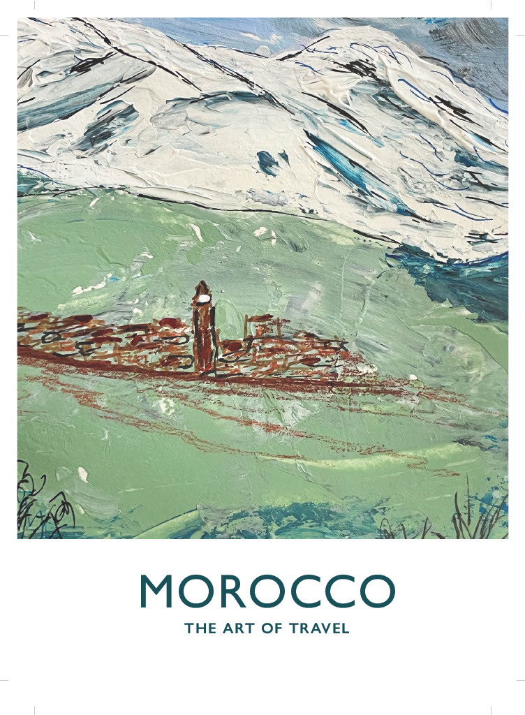 Gestural impasto brushstrokes present ancient settlements in the Atlas Mountains. Gestural impasto brushstrokes present ancient settlements in the Atlas Mountains.