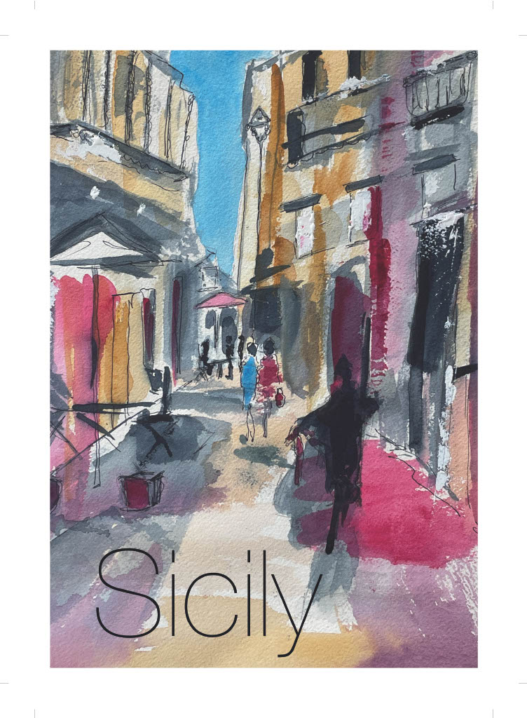 Narrow streets of Syracuse in watercolour and energetic ink by Karen Taylor. Narrow streets of Syracuse in watercolour and energetic ink by Karen Taylor.