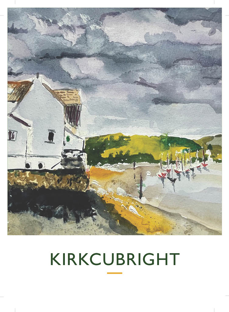 White-walled harbour cottage and imposing sky in Kirkcudbright by Karen Taylor.