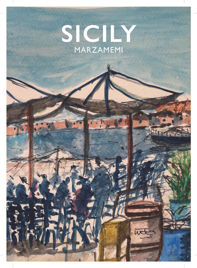 Energetic pen sketch overlays a watercolour wash depicting locals at the harbour. Energetic pen sketch overlays a watercolour wash depicting locals at the harbour.