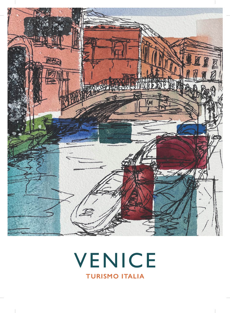 Sketch and wash that clearly captures the floating city of Venice. Sketch and wash that clearly captures the floating city of Venice.