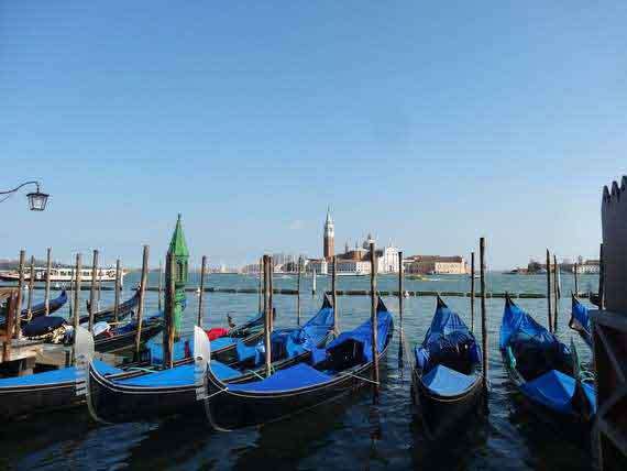 Venice gondolas lined up in the water. Venetian gondolas lined up in the water with view of Venice in the background.